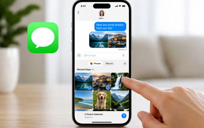 iPhone displaying the iMessage photo picker and photo albums interface while selecting photos to send in a text message.