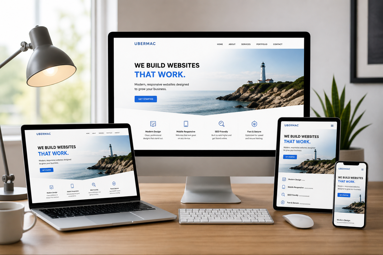 Website design in Jupiter FL showing responsive website on desktop laptop tablet and phone by Ubermac
