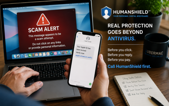 Apple user reviewing a suspicious text message and scam alert while learning why antivirus software does not stop most scams
