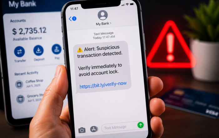 iPhone displaying a fake bank text message scam warning with a suspicious transaction alert