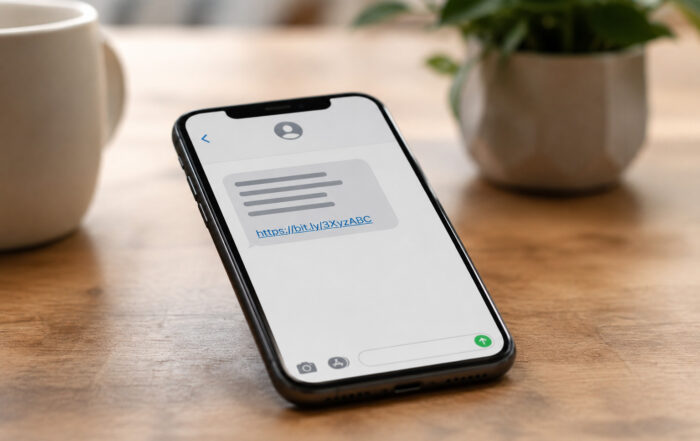 iPhone displaying a suspicious scam text message warning users about phishing and fraud attempts