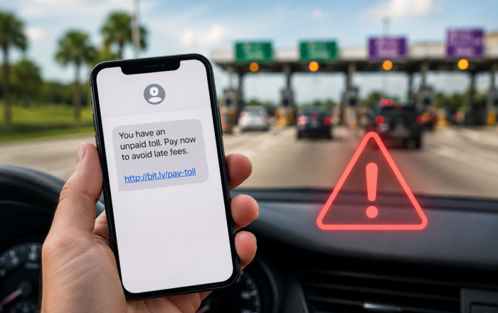 iPhone displaying a fake toll road payment text message scam with a warning symbol and toll plaza in the background