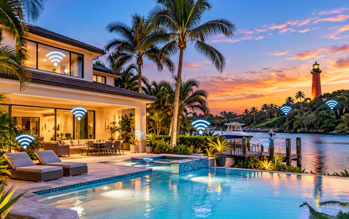 Luxury waterfront home in Jupiter, Florida, illustrating whole-home Wi-Fi coverage, security camera upgrades, and seasonal technology checkups.