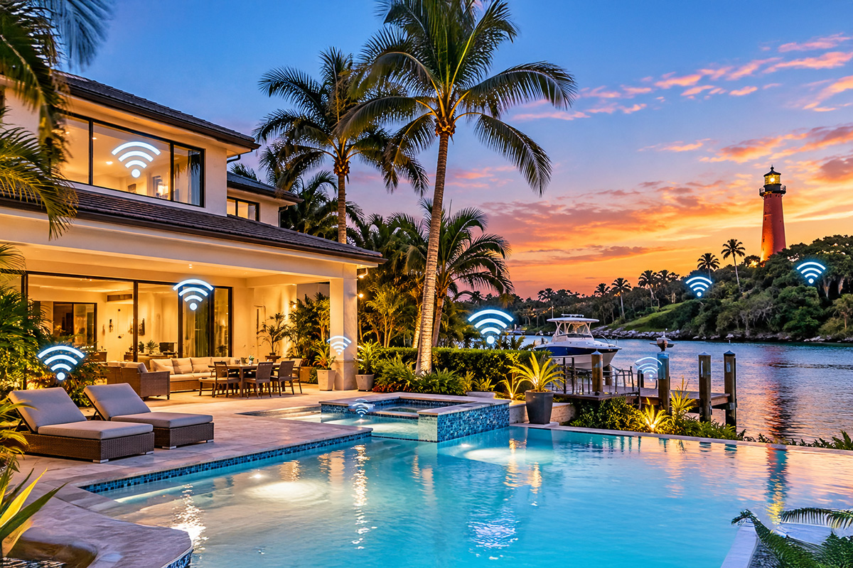 Luxury waterfront home in Jupiter, Florida, illustrating whole-home Wi-Fi coverage, security camera upgrades, and seasonal technology checkups.
